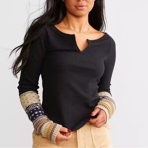 Free People Black Long Sleeve Top with Colorful Patterned Cuffs